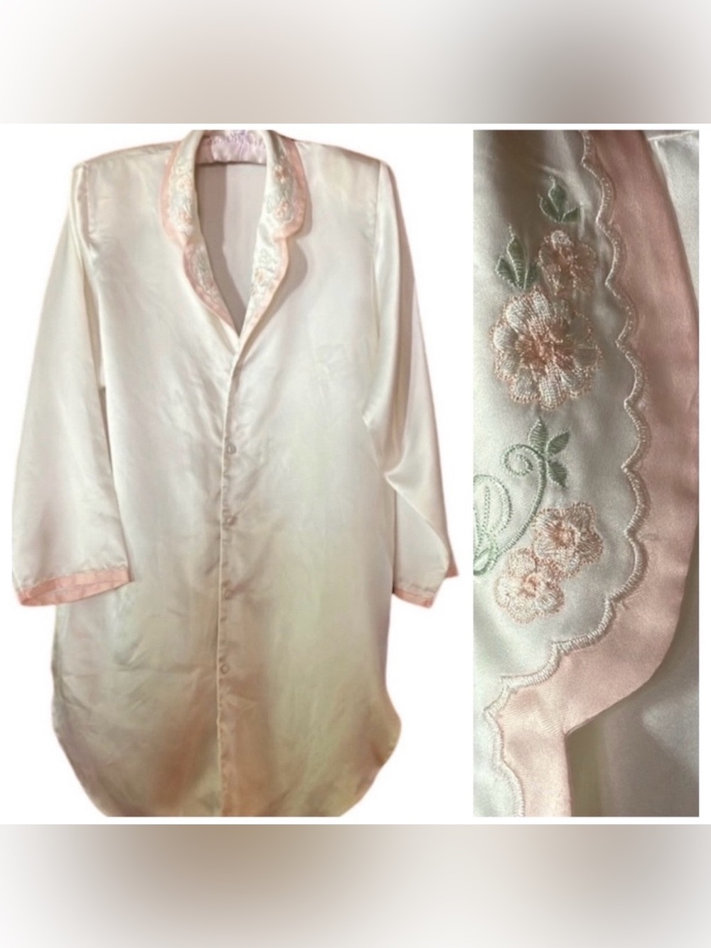 Vandemere Vintage Small Poly Satin Floral  Embroidered Collar Pajamas Shirt EUC
